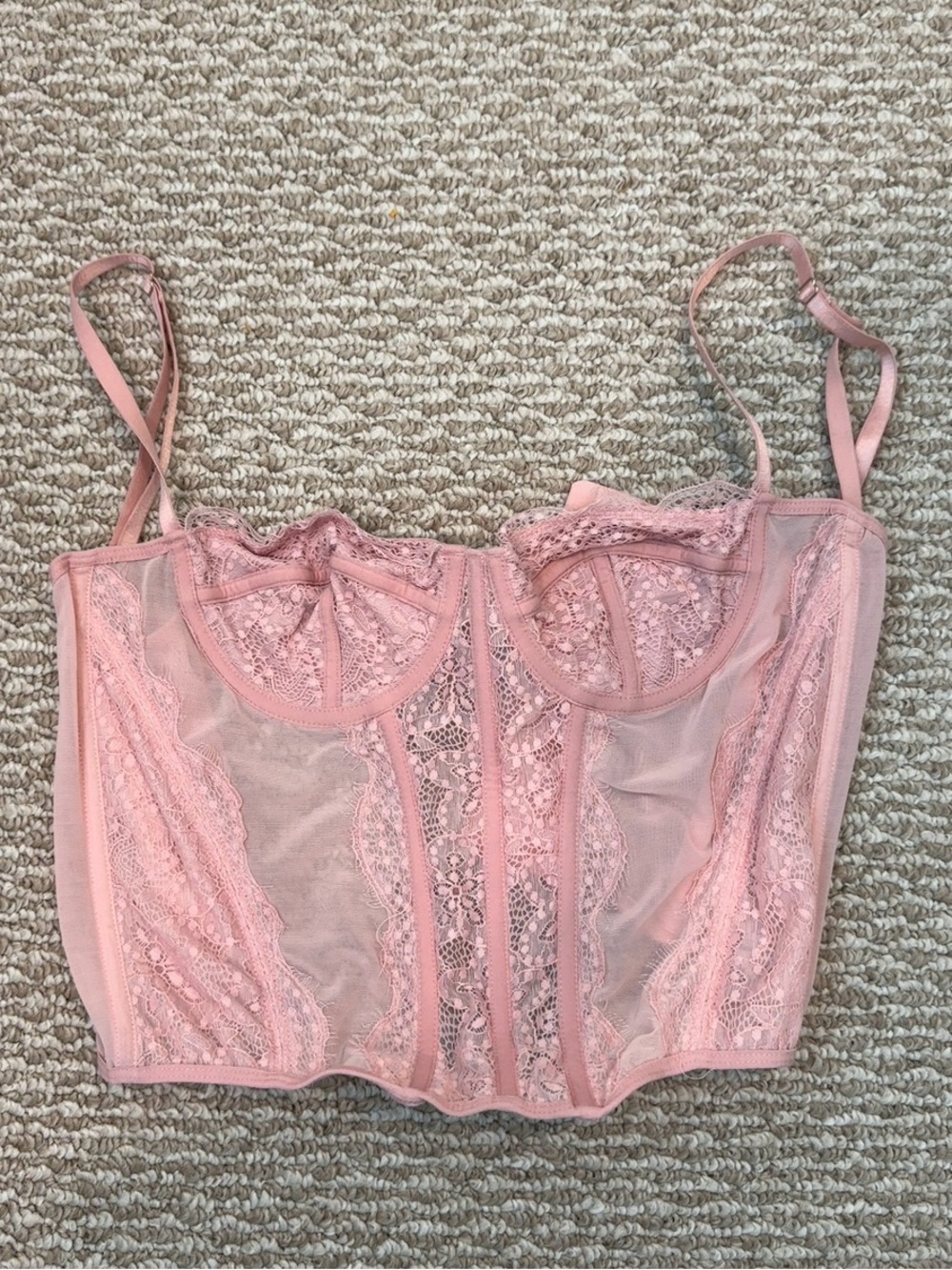 Sheer Pink Lace Longline Bustier with Adjustable Straps